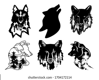 Wolf silhouette with forest and mountain inside