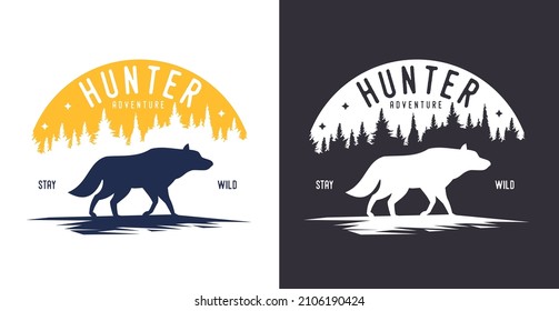 Wolf silhouette with forest trees in vintage hand drawn style. Abstract composition isolated on simple background. Color and monochrome template for print, label, emblem, badge. Vector illustration.