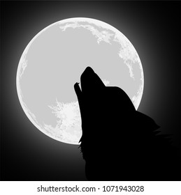 Wolf silhouette howling to the full moon vector