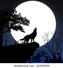 Wolf in silhouette howling to the full moon