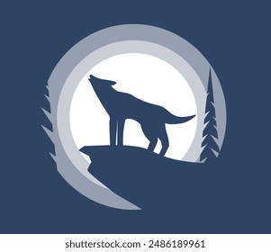 Wolf Silhouette Howling at the Moon in the Night. Nature and wildlife animals concept vector