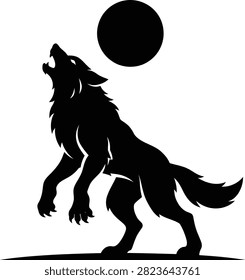 Wolf silhouette howling at moon, night sky, primal instinct.