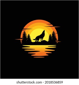 Wolf silhouette illustration vector animal logo design, Orange sunset cloudy ocean view