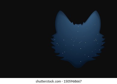 Wolf silhouette with little shiny stars. Dark horizontal background paper cut vector illustration.