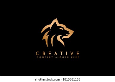 Wolf Silhouette Logo Design Isolated On Black Background. Vector Illustration Luxury Gold Wolf Logo