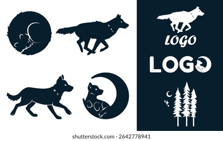 Wolf silhouette logo elements, moon, wolf cub