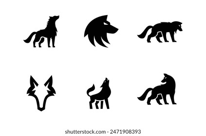 Icono de logotipo de silueta de lobo. Signo del depredador aullando. Ilustración de diseño de símbolo animal canino salvaje