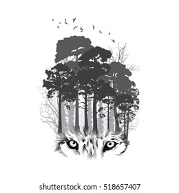 Wolf silhouette on forest background. Vector illustration