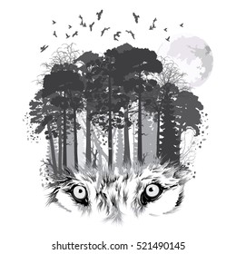 Wolf silhouette on forest background. Vector illustration