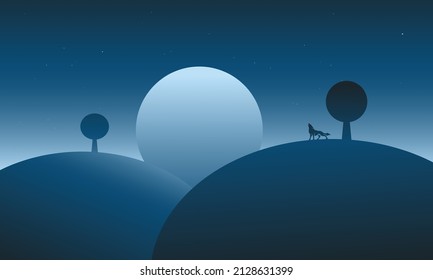 Wolf Silhouette on Midnight with a Full Moon in the Hill Illustration Free Vector