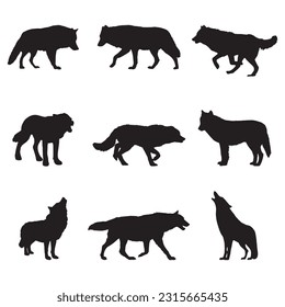 wolf silhouette set collection isolated black on white background vector illustration