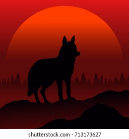 wolf silhouette at sunset vector landscape