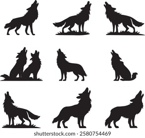 Wolf Silhouette Vector Set Featuring Various Poses and Styles