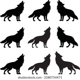 Wolf Silhouette Vector Set Featuring Various Poses and Styles