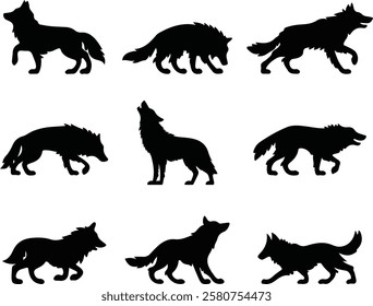 Wolf Silhouette Vector Set Featuring Various Poses and Styles