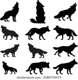 Wolf Silhouette Vector Set Featuring Various Poses and Styles