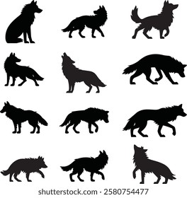 Wolf Silhouette Vector Set Featuring Various Poses and Styles