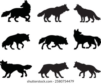 Wolf Silhouette Vector Set Featuring Various Poses and Styles