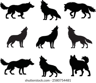 Wolf Silhouette Vector Set Featuring Various Poses and Styles