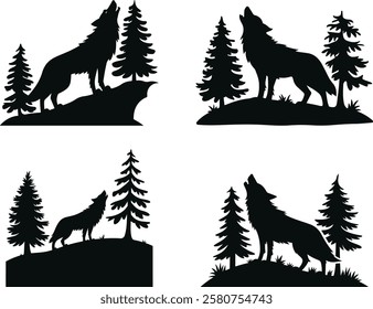 Wolf Silhouette Vector Set Featuring Various Poses and Styles