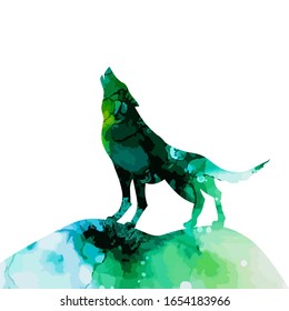 Wolf silhouette watercolor. Mixed media. Vector illustration
