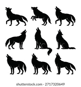 Conjunto de siluetas de lobo. Aullidos, corriendo iconos vectoriales.