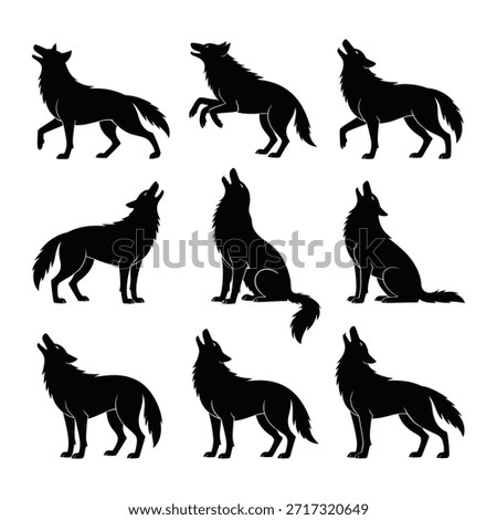 Wolf Silhouettes Set. Howling, Running Vector Icons.