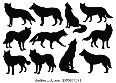 
Wolf silhouettes set isolated flat vector illustration on white background