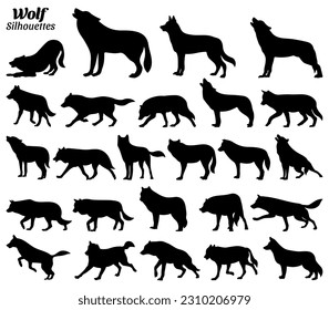 Wolf silhouettes vector illustration set.