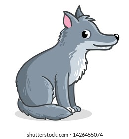 Wolf sits on a white background. Vector illustration with forest wild animal in cartoon style.