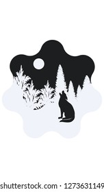 Wolf sits in the snow and howls at the moon - spruce, pine, trees - icon black and white - isolated - vector