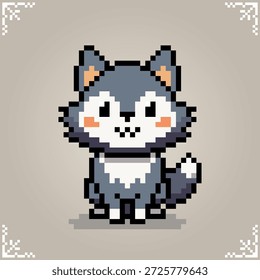 Lobo sentado en el arte de píxeles de 8 bits para activos de juego en Ilustración vectorial.