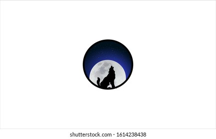 Wolf sitting in front of moon in flat vector minimalist logo design 