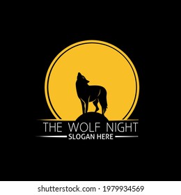 A wolf sitting on the rock under the moonlight, design logo Ilustration. 