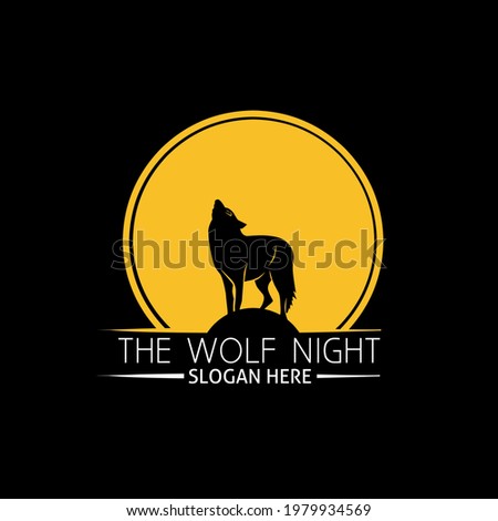 A wolf sitting on the rock under the moonlight, design logo Ilustration. 