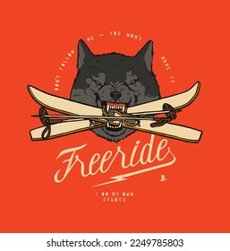 Wolf with skis. Angry wild animal with skis in its teeth. Freeride winter sports silkscreen t-shirt print vector illustration.