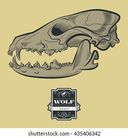 Wolf Skull Engraving Style Etching Label