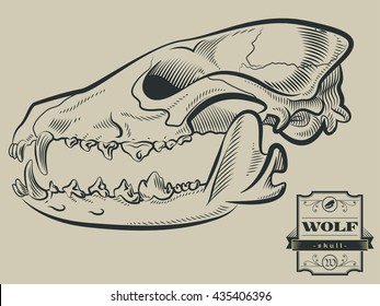 Wolf Skull Engraving Style Etching Label
