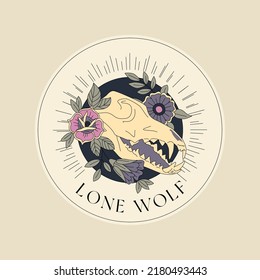 Wolf skull with flowers vector illustration. Editable stroke. Macabre or postmortem aesthetic. Old school art decor. Sticker or tattoo design with phrase LONE WOLF.