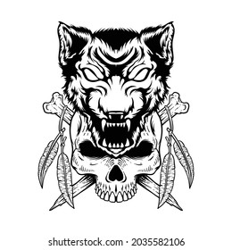 Wolf with skull hand drawing vector hand drawing line art black and white