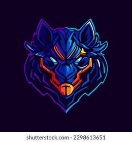 Wolf Skull mascot. Esports gaming high detailed logo. Violet fur with orange details with vivid lights. Gamer sport team mascot design. Vector for horror genre, racing, or flight badge.