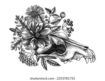 Wolf skull and rose flowers   moth sketch  Day the death hand drawn vector illustration  Halloween design element  For poster  print  flyers  invitations  