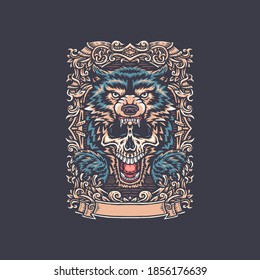 wolf and skull t shirt graphic design, isolated on dark background 