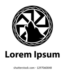 Wolf with Slavic sun symbol in behind 