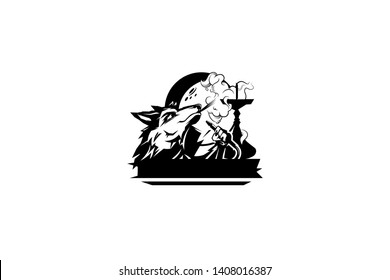 wolf smokes hookah, wolf hookah, logo with an isolated wolf and hookah, exhales smoke - vektor