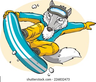 Wolf snow boarding cartoon illustration