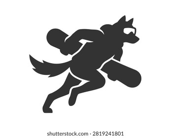 Wolf snowboarder jumping midair in silhouette for winter sports concept