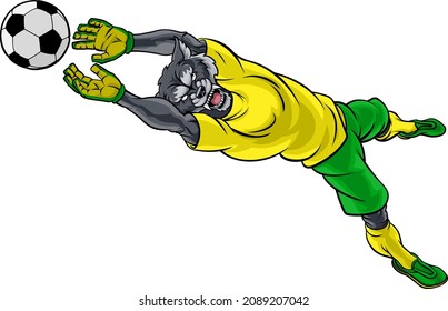 A wolf soccer football player goal keeper cartoon animal sports mascot diving to catch the ball