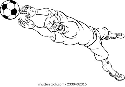 A wolf soccer football player goal keeper cartoon animal sports mascot diving to catch the ball