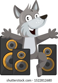 Lobo com alto-falantes, ilustração, vetor sobre fundo branco.